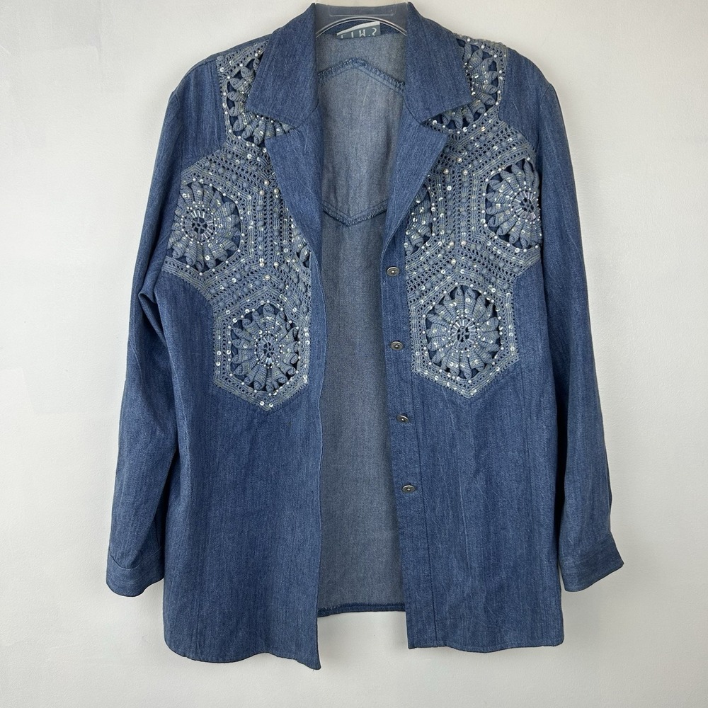 Vtg Button Up Denim Shirt Womens L Granny Core Top Embroidered Embellished Read